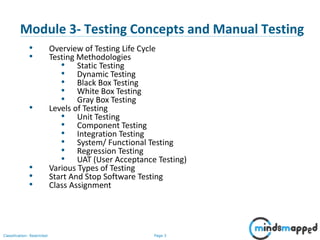 Page 3Classification: Restricted
• Overview of Testing Life Cycle
• Testing Methodologies
• Static Testing
• Dynamic Testing
• Black Box Testing
• White Box Testing
• Gray Box Testing
• Levels of Testing
• Unit Testing
• Component Testing
• Integration Testing
• System/ Functional Testing
• Regression Testing
• UAT (User Acceptance Testing)
• Various Types of Testing
• Start And Stop Software Testing
• Class Assignment
Module 3- Testing Concepts and Manual Testing
 
