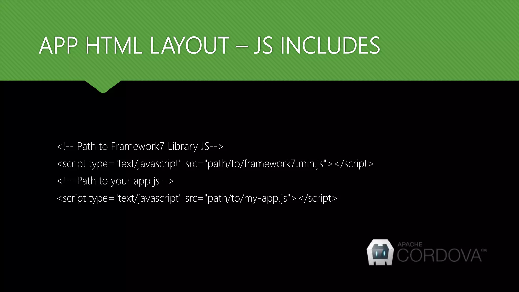 APP HTML LAYOUT – JS INCLUDES <!-- Path to Framework7 Library JS--> <script type="text/javascript" src="path/to/framework7.min.js"></script> <!-- Path to your app js--> <script type="text/javascript" src="path/to/my-app.js"></script> 