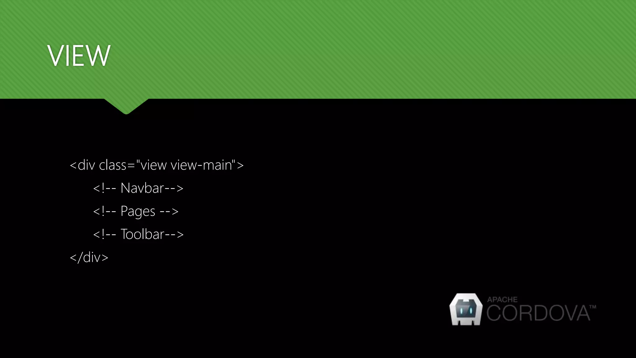 VIEW <div class="view view-main"> <!-- Navbar--> <!-- Pages --> <!-- Toolbar--> </div> 