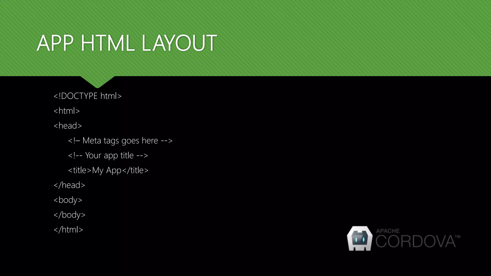 APP HTML LAYOUT <!DOCTYPE html> <html> <head> <!– Meta tags goes here --> <!-- Your app title --> <title>My App</title> </head> <body> </body> </html> 