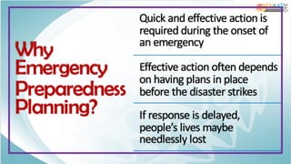 Why
Emergency
Preparedness
Planning?
Quick and effective action is
required during the onset of
an emergency
Effective action often depends
on having plans in place
before the disaster strikes
If response is delayed,
people’s lives maybe
needlessly lost
 