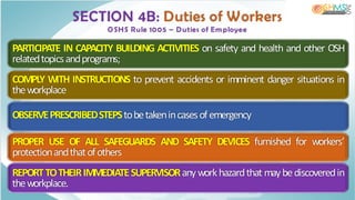 SECTION 4B: Duties of Workers
OSHS Rule 1005 – Duties of Em ployee
PARTICIPATE IN CAPACITY BUILDING ACTIVITIES on safety and health and other OSH
relatedtopicsandprograms;
COMPLY WITH INSTRUCTIONS to prevent accidents or imminent danger situations in
theworkplace
OBSERVEPRESCRIBEDSTEPStobetakenincasesofemergency
PROPER USE OF ALL SAFEGUARDS AND SAFETY DEVICES furnished for workers’
protectionandthatofothers
REPORTTOTHEIRIMMEDIATESUPERVISORanyworkhazardthat maybediscoveredin
theworkplace.
 