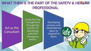 WHAT THEN IS THE PART OF THE SAFETY & HEALTH
PROFESSIONAL
Act as the
Consultant
Guide the line
management
through the
process of
identifying
potential
emergency
events.
Developing
primary and
contemporary
plans to
respond to
them.
 