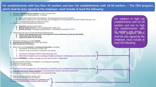 For establishments with less than 10 workers and low risk establishments with 10-50 workers. – The OSH program,
which shall be duly signed by the employer, must include at least the following:
1. Company commitment to comply with OSH requirements;
2. General safety and health programs, including:
a. Safety and health hazard identification, risk assessment and control (HIRAC),
b. Medical surveillance for early detection and management of occupational and work-related diseases, and
c. First aid and emergency medical services;
3. Promotion of the following health domains:
a. Drug-free workplace (RA 9165),
b. Mental health services in the workplace (RA 11036), and
c. Healthy lifestyle; Prolonged sitting DO184-17; prolonged standing DO 178-17
4. Prevention and control of the following health domains:
a. Human Immunodeficiency Virus and Acquired Immune Deficiency Syndrome (RA 8504),
b. Tuberculosis (EO 187-03), and
c. Hepatitis B (DOLE DA 05-2010);
5. Complete company or project details;
6. Composition and duties of the OSH committee;
7. OSH personnel and facilities;
8. Safety and health promotion, training and education, including:
a. Orientation of all workers on OSH, and
b. Conduct of risk assessment, evaluation and control
9. Conduct of toolbox or safety meetings and job safety analysis, if applicable;
10. Accident/incident/illness investigation, recording and reporting;
11. Provision and use of PPE;
12. Provision of safety signage;
14. Provision of workers’ welfare facilities;
15. Emergency and disaster preparedness and mandated drills;
16. Solid waste management system; and
17. Control and management of hazards.
18. Prohibited acts and penalties for violations; and
19. Cost of implementing company OSH program.
For medium to high risk
establishments with10–50
workers and low to high
risk establishments with
51 workers and above. –
The OSH program, which
shall be duly signed by the
employer, must include at
leastthefollowing:
 