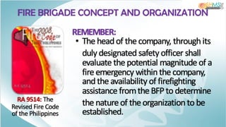 FIRE BRIGADE CONCEPT AND ORGANIZATION
REMEMBER:
• The head of the company, throughits
duly designatedsafety officer shall
evaluate the potential magnitude of a
fire emergency withinthe company,
and the availability of firefighting
assistance fromthe BFP to determine
the nature of the organizationto be
established.
RA 9514: The
Revised Fire Code
of the Philippines
 