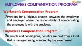 EMPLOYEES COMPENSATION PROGRAM
Workmen’s Compensation Program
Provides for a litigious process between the employee
and employer where the responsibility of compensating
the employee is withthe employer.
Employees Compensation Program
Is simple and non-litigious, benefits are paid from a fund
that is managedandguaranteed by the government.
 