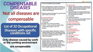 List of 32 Occupational
Diseases with specific
conditions set
COMPENSABLE
DISEASES
Not all diseases are
compensable
Only diseases caused by work
or the working environment
are compensable
 