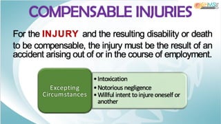 COMPENSABLE INJURIES
For the INJURY and the resulting disability or death
to be compensable, the injury must be the result of an
accident arising out of or in the course of employment.
•Intoxication
•Notorious negligence
•Willful intent to injure oneself or
another
Excepting
Circumstances
 