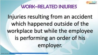 Injuries resulting from an accident
which happened outside of the
workplace but while the employee
is performing an order of his
employer.
WORK–RELATED INJURIES
IM AGE SOURCE: https://ac-illust.com /en/clip-art/692205/illustrations-of-workers--injuries--burns-
 