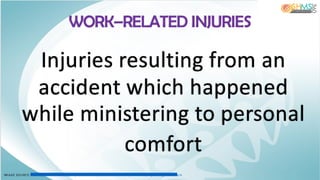Injuries resulting from an
accident which happened
while ministering to personal
comfort
WORK–RELATED INJURIES
IM AGE SOURCE: https://ac-illust.com /en/clip-art/551059/illustration-of-occupational-injury---dangerous-work
 