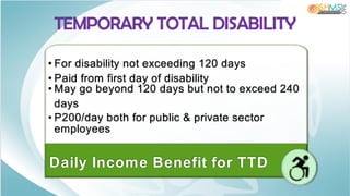 • For disability not exceeding 120 days
• Paid from first day of disability
• May go beyond 120 days but not to exceed 240
days
• P200/day both for public & private sector
employees
Daily Income Benefit for TTD
TEMPORARY TOTAL DISABILITY
 
