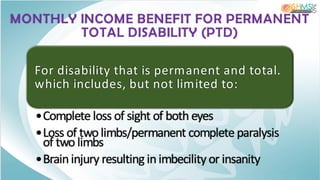 For disability that is permanent and total.
which includes, but not limited to:
•Complete loss of sight of both eyes
•Loss of two limbs/permanent complete paralysis
of two limbs
•Brain injury resulting in imbecility or insanity
MONTHLY INCOME BENEFIT FOR PERMANENT
TOTAL DISABILITY (PTD)
 
