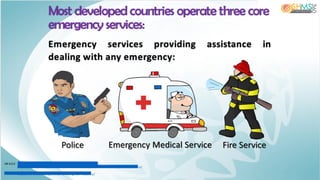 Emergency services providing assistance in
dealing with any emergency:
Most developed countries operate three core
emergency services:
IM AGE: http://clipart-library.com /data_im ages/93416.png
https://w w w.kissclipart.com /am bulance-clipart-am bulance-clip-art-1wm nku/
https://w w w.kissclipart.com /firefighter-ta3zwa/
 