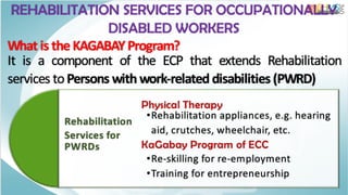 What is the KAGABAY Program?
It is a component of the ECP that extends Rehabilitation
services to Persons with work-related disabilities (PWRD)
REHABILITATION SERVICES FOR OCCUPATIONALLY
DISABLED WORKERS
Physical Therapy
•Rehabilitation appliances, e.g. hearing
aid, crutches, wheelchair, etc.
KaGabay Program of ECC
•Re-skilling for re-employment
•Training for entrepreneurship
Rehabilitation
Services for
PWRDs
 