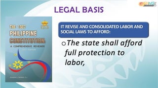 IT REVISE AND CONSOLIDATED LABOR AND
SOCIAL LAWS TO AFFORD:
oThe state shall afford
full protection to
labor,
LEGAL BASIS
 