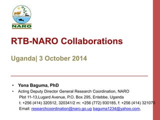 RTB-NARO Collaborations 
Uganda| 3 October 2014 
• Yona Baguma, PhD 
• Acting Deputy Director General Research Coordination, NARO 
Plot 11-13,Lugard Avenue, P.O. Box 295, Entebbe, Uganda 
t: +256 (414) 320512, 320341/2 m: +256 (772) 930185, f: +256 (414) 321070 
Email: researchcoordination@naro.go.ug baguma1234@yahoo.com, 
 