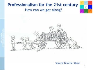  
1
Professionalism for the 21st century
How can we get along?
• focussing on real people in real life
situations
• focussing on how reality is created by
transactions
• activate realities in which
communication and encounter is
possible, satisfying and creative
Source Günther Mohr
 
