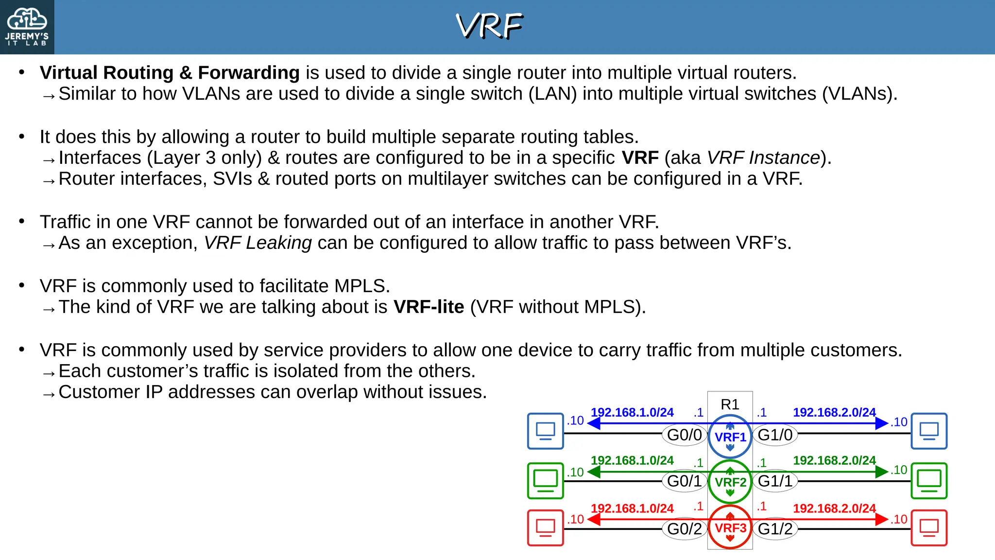 R1
VRF
VRF
●
Virtual Routing & Forwarding is used to divide a single router into multiple virtual routers.
→Similar to how VLANs are used to divide a single switch (LAN) into multiple virtual switches (VLANs).
●
It does this by allowing a router to build multiple separate routing tables.
→Interfaces (Layer 3 only) & routes are configured to be in a specific VRF (aka VRF Instance).
→Router interfaces, SVIs & routed ports on multilayer switches can be configured in a VRF.
●
Traffic in one VRF cannot be forwarded out of an interface in another VRF.
→As an exception, VRF Leaking can be configured to allow traffic to pass between VRF’s.
●
VRF is commonly used to facilitate MPLS.
→The kind of VRF we are talking about is VRF-lite (VRF without MPLS).
●
VRF is commonly used by service providers to allow one device to carry traffic from multiple customers.
→Each customer’s traffic is isolated from the others.
→Customer IP addresses can overlap without issues.
G0/0
G0/1
G0/2
G1/0
G1/1
G1/2
192.168.1.0/24
192.168.1.0/24
192.168.1.0/24
.10
.10
.10 .10
.10
.10
.1
.1
.1 192.168.2.0/24
192.168.2.0/24
192.168.2.0/24
.1
.1
.1
VRF1
VRF2
VRF3
 