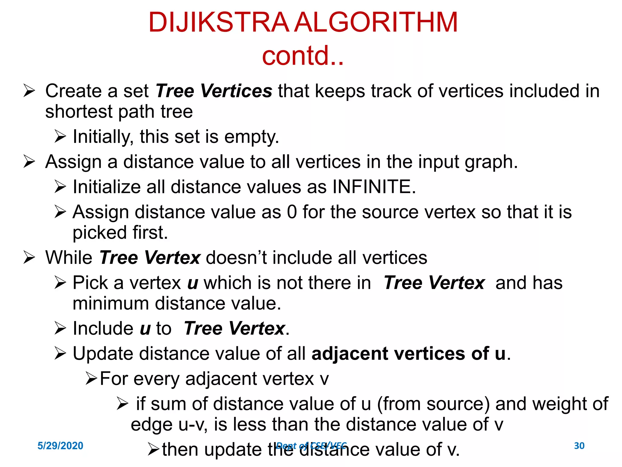 DIJIKSTRA ALGORITHM
contd..
 Create a set Tree Vertices that keeps track of vertices included in
shortest path tree
 Initially, this set is empty.
 Assign a distance value to all vertices in the input graph.
 Initialize all distance values as INFINITE.
 Assign distance value as 0 for the source vertex so that it is
picked first.
 While Tree Vertex doesn’t include all vertices
 Pick a vertex u which is not there in Tree Vertex and has
minimum distance value.
 Include u to Tree Vertex.
 Update distance value of all adjacent vertices of u.
For every adjacent vertex v
 if sum of distance value of u (from source) and weight of
edge u-v, is less than the distance value of v
then update the distance value of v.
5/29/2020 Dept of CSE/VEC 30
 