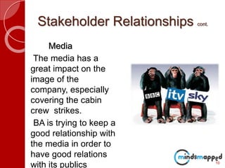 Stakeholder Relationships cont.
Media
The media has a
great impact on the
image of the
company, especially
covering the cabin
crew strikes.
BA is trying to keep a
good relationship with
the media in order to
have good relations
with its publics 10
 