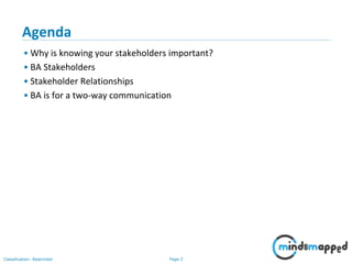 Page 2Classification: Restricted
Agenda
• Why is knowing your stakeholders important?
• BA Stakeholders
• Stakeholder Relationships
• BA is for a two-way communication
 