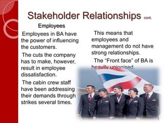 Stakeholder Relationships cont.
Employees
Employees in BA have
the power of influencing
the customers.
The cuts the company
has to make, however,
result in employee
dissatisfaction.
The cabin crew staff
have been addressing
their demands through
strikes several times.
This means that
employees and
management do not have
strong relationships.
The “Front face” of BA is
heavily unionised.
7
 
