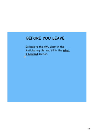 BEFORE YOU LEAVE

Go back to the KWL Chart in the
Anticipatory Set and fill in the What
I Learned section.




                                        14
 
