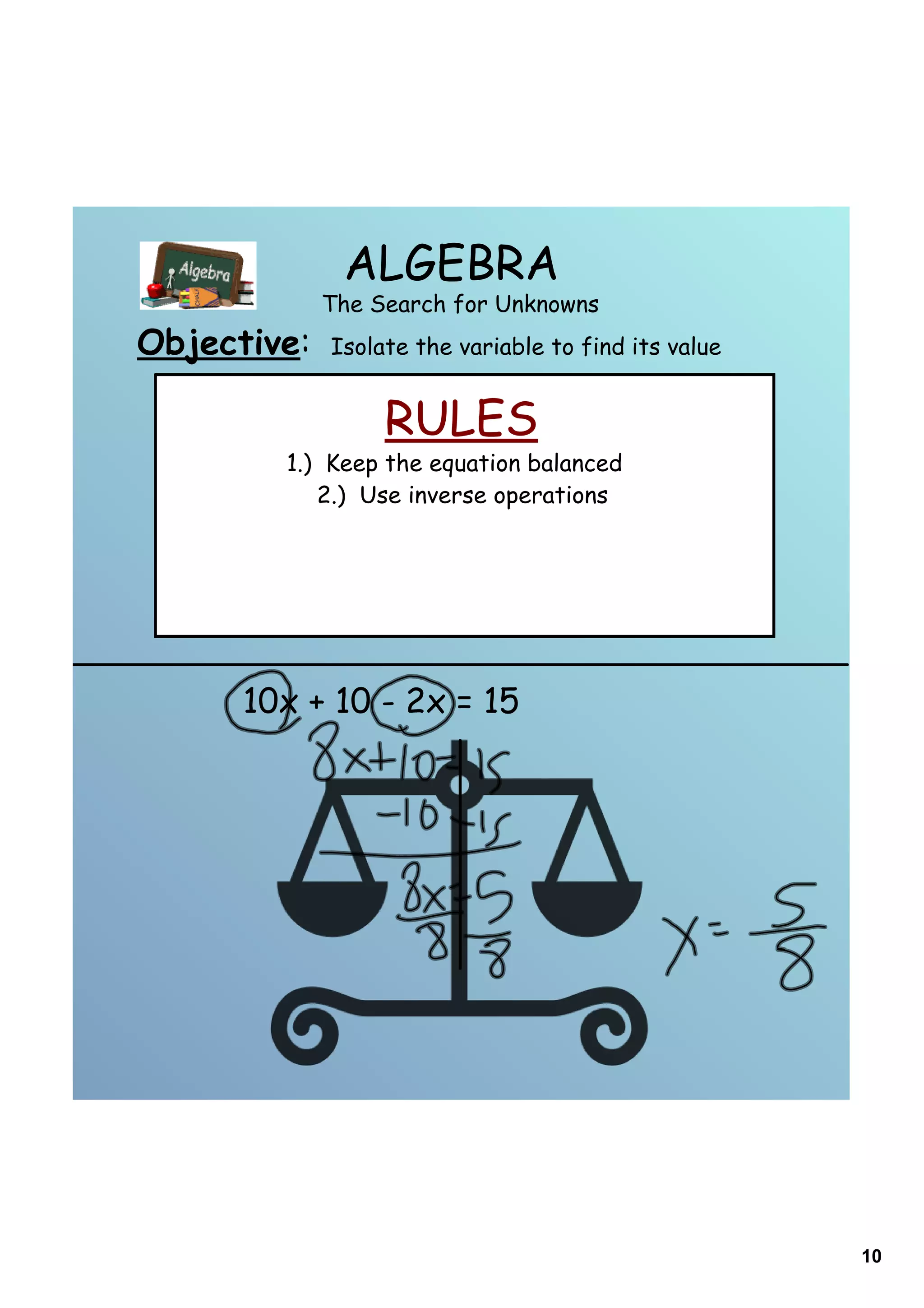 ALGEBRA
             The Search for Unknowns
Objective:   Isolate the variable to find its value


                  RULES
        1.) Keep the equation balanced
           2.) Use inverse operations




      10x + 10 - 2x = 15




                                                      10
 