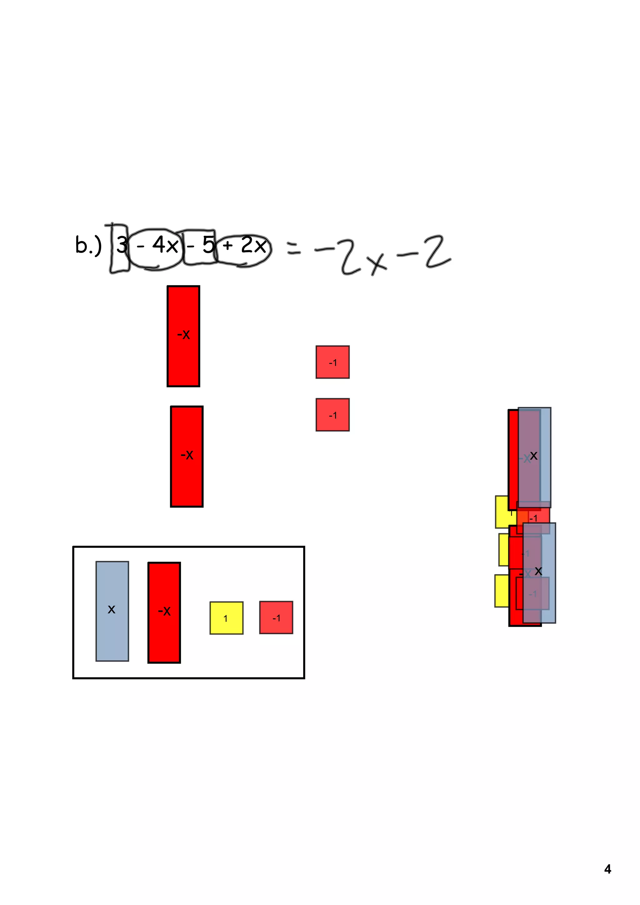 b.) 3 - 4x - 5 + 2x


             ­x
                           ­1




                           ­1



             ­x                     ­xx


                                1
                                     ­1


                                1 ­1

                                    ­x x
                                1    ­1
   x    ­x        1   ­1




                                           4
 