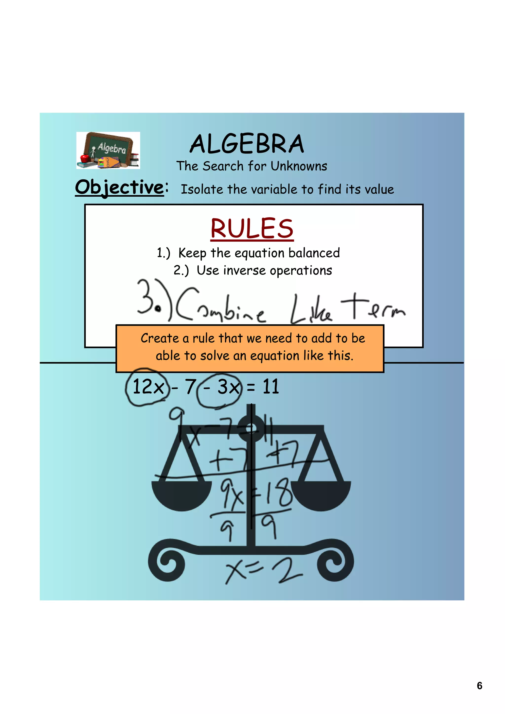 ALGEBRA
             The Search for Unknowns
Objective:   Isolate the variable to find its value


                  RULES
        1.) Keep the equation balanced
           2.) Use inverse operations




      Create a rule that we need to add to be
        able to solve an equation like this.

      12x - 7 - 3x = 11




                                                      6
 