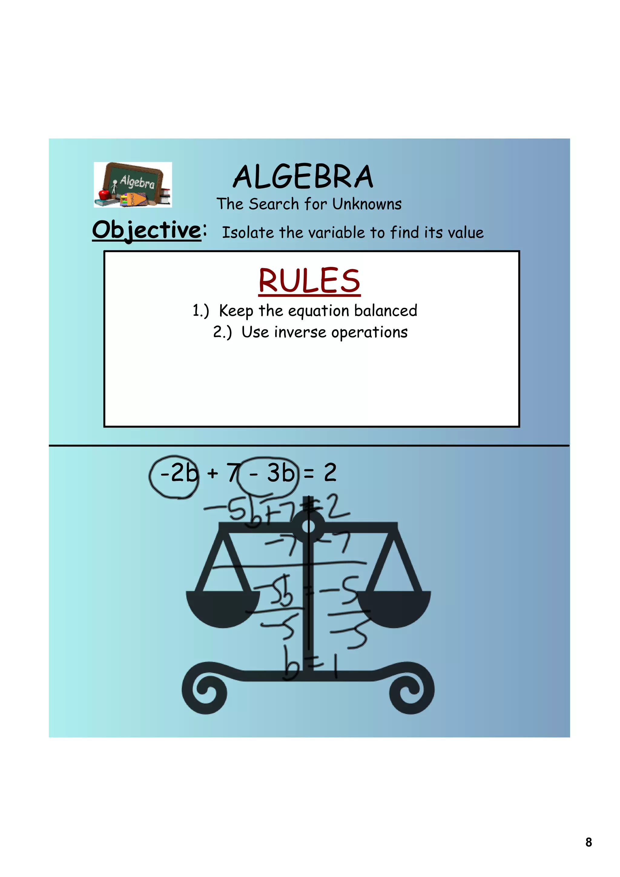 ALGEBRA
             The Search for Unknowns
Objective:   Isolate the variable to find its value


                  RULES
        1.) Keep the equation balanced
           2.) Use inverse operations




     -2b + 7 - 3b = 2




                                                      8
 