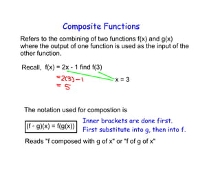 Composite Functions
Refers to the combining of two functions f(x) and g(x)
where the output of one function is used as the input of the
other function.
Recall, f(x) = 2x - 1 find f(3)
x = 3
The notation used for compostion is
(f ◦ g)(x) = f(g(x))
Inner brackets are done first.
First substitute into g, then into f.
Reads "f composed with g of x" or "f of g of x"
 