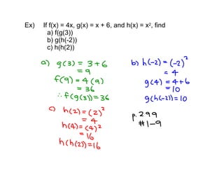Ex) If f(x) = 4x, g(x) = x + 6, and h(x) = x2, find
a) f(g(3))
b) g(h(-2))
c) h(h(2))
 