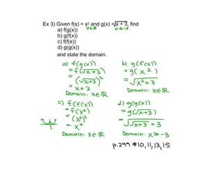 Ex 3) Given f(x) = x2 and g(x) = x + 3, find
a) f(g(x))
b) g(f(x))
c) f(f(x))
d) g(g(x))
and state the domain.
 