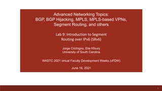 1
Advanced Networking Topics:
BGP, BGP Hijacking, MPLS, MPLS-based VPNs,
Segment Routing, and others
Lab 9: Introduction to Segment
Routing over IPv6 (SRv6)
Jorge Crichigno, Elie Kfoury
University of South Carolina
WASTC 2021 virtual Faculty Development Weeks (vFDW)
June 18, 2021
 