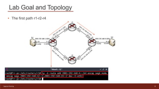 Lab Goal and Topology
8
Segment Routing
• The first path r1-r2-r4
 
