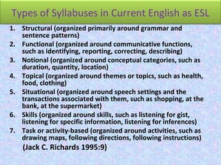 Types of Syllabuses in Current English as ESL
1. Structural (organized primarily around grammar and
sentence patterns)
2. Functional (organized around communicative functions,
such as identifying, reporting, correcting, describing)
3. Notional (organized around conceptual categories, such as
duration, quantity, location)
4. Topical (organized around themes or topics, such as health,
food, clothing)
5. Situational (organized around speech settings and the
transactions associated with them, such as shopping, at the
bank, at the supermarket)
6. Skills (organized around skills, such as listening for gist,
listening for specific information, listening for inferences)
7. Task or activity-based (organized around activities, such as
drawing maps, following directions, following instructions)
(Jack C. Richards 1995:9)
 