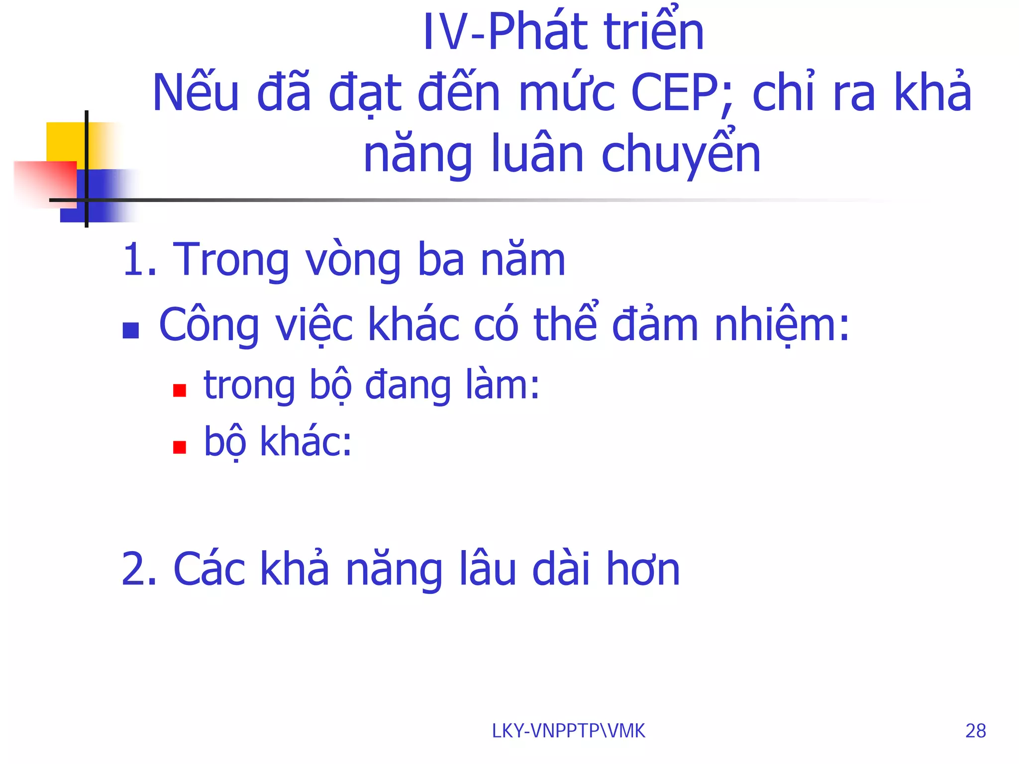 IV-Phát triển
Nếu đã đạt đến mức CEP; chỉ ra khả
năng luân chuyển
1. Trong vòng ba năm
 Công việc khác có thể đảm nhiệm:



trong bộ đang làm:
bộ khác:

2. Các khả năng lâu dài hơn

LKY-VNPPTPVMK

28

 