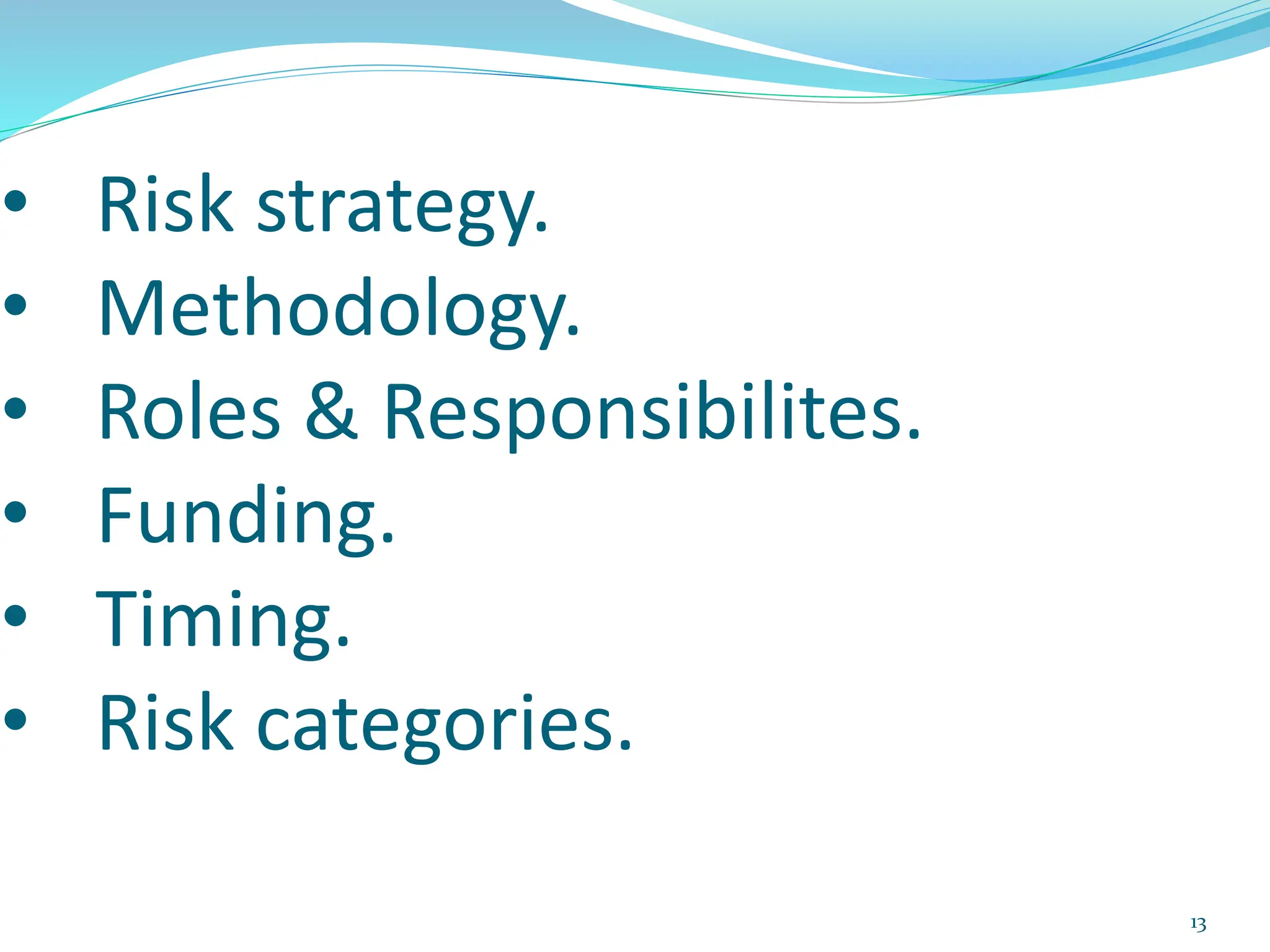 13
• Risk strategy.
• Methodology.
• Roles & Responsibilites.
• Funding.
• Timing.
• Risk categories.
 