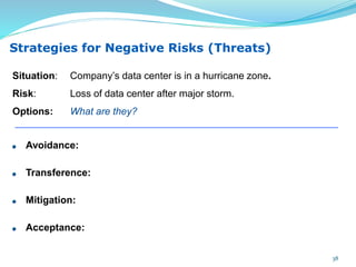 Avoidance:
Transference:
Mitigation:
Acceptance:
Situation: Company’s data center is in a hurricane zone.
Risk: Loss of data center after major storm.
Options: What are they?
Strategies for Negative Risks (Threats)
38
 