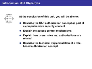  Describe the SAP authorization concept as part of a comprehensive security concept  Explain the access control mechanisms  Explain how users, roles and authorizations are related  Describe the technical implementation of a role- based authorization concept At the conclusion of this unit, you will be able to: Introduction Unit Objectives 