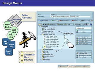 Design Menus Define  Functions Customize Menu Structure Correspondence Closing Reporting Withholding Tax Information System Other Addresses From the  SAP  Menu From Other Role From Area Menu Import  From  File Translate Node Display  Documentation Find in  Docu . Role MY_ROLE Description  FI: Accounts  Payable Accountant - ( Template Copy ) Description  Menu Authoirzations  Users  Pers .. URL -  www . mysap . com URL - Route  Planner SM04 -  User  List SE16 -  Data Broswer Account  Master Data FK01 -  Create Vendor FK02 -  Change Vendor FK03 - Display  Vendor FK04 - Display  Changes FK05 - Lock  Vendor FK06 - Set  Deletion Flag Confirmation of Change Compare Transaction  Report  Other  All T70CLNT400 Distribute drag&drop Role Menu Description  Menu  Authorizations  User Transaction TA3 Report Report xxx xxx Report Report zab zab Report Report xyz xyz Web Link Web Link Web Link Transaction TA2 Transaction TA1 