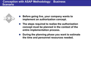  Before going live, your company wants to implement an authorization concept.  The steps required to realize the authori...