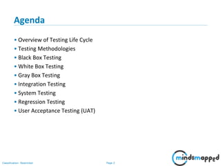 Page 2Classification: Restricted
Agenda
• Overview of Testing Life Cycle
• Testing Methodologies
• Black Box Testing
• White Box Testing
• Gray Box Testing
• Integration Testing
• System Testing
• Regression Testing
• User Acceptance Testing (UAT)
 