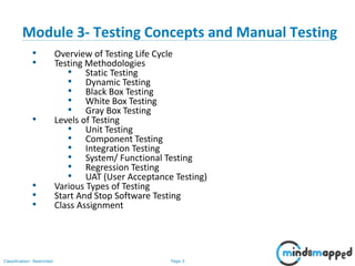 Page 3Classification: Restricted
• Overview of Testing Life Cycle
• Testing Methodologies
• Static Testing
• Dynamic Testing
• Black Box Testing
• White Box Testing
• Gray Box Testing
• Levels of Testing
• Unit Testing
• Component Testing
• Integration Testing
• System/ Functional Testing
• Regression Testing
• UAT (User Acceptance Testing)
• Various Types of Testing
• Start And Stop Software Testing
• Class Assignment
Module 3- Testing Concepts and Manual Testing
 