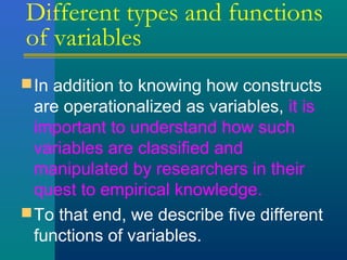 Different types and functions 
of variables 
In addition to knowing how constructs 
are operationalized as variables, it is 
important to understand how such 
variables are classified and 
manipulated by researchers in their 
quest to empirical knowledge. 
To that end, we describe five different 
functions of variables. 
 