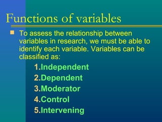 Functions of variables 
 To assess the relationship between 
variables in research, we must be able to 
identify each variable. Variables can be 
classified as: 
1.Independent 
2.Dependent 
3.Moderator 
4.Control 
5.Intervening 
 