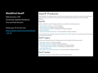MaxMind GeoIP
Web Services / API
Constantly Updated Databases
Free and Paid Versions
Check your IP to try it out
https://www.maxmind.com/en/locate
_my_ip
 