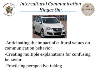 Intercultural Communication
Hinges On:
• -Anticipating the impact of cultural values on
communication behavior
• -Creating multiple explanations for confusing
behavior
• -Practicing perspective-taking
 