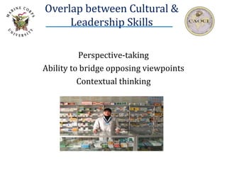 Overlap between Cultural &
Leadership Skills
Perspective-taking
Ability to bridge opposing viewpoints
Contextual thinking
 